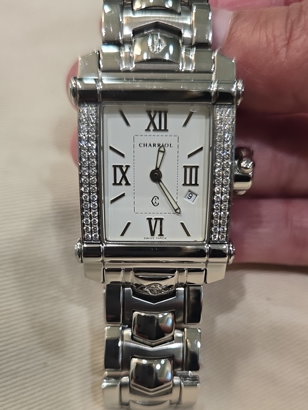 Charriol Silver Rectangular Diamond-Accent Women's Bracelet Watch - White Dial